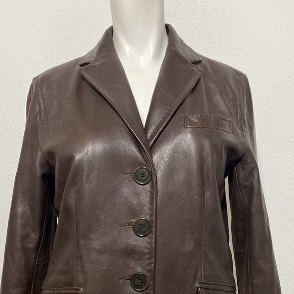 Ann Taylor Super Soft Genuine Leather Button Front Brown Collared Jacket Size 6 - Picture 2 of 10